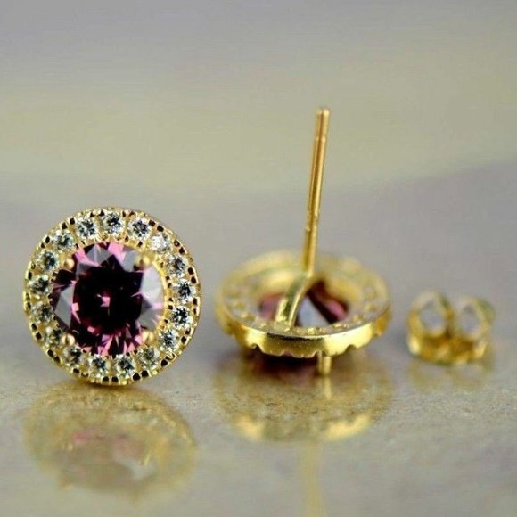 Solid 14K Yellow Gold Round Halo Push Back Earrings with Sparkling Birthstone - Picture 8 of 15